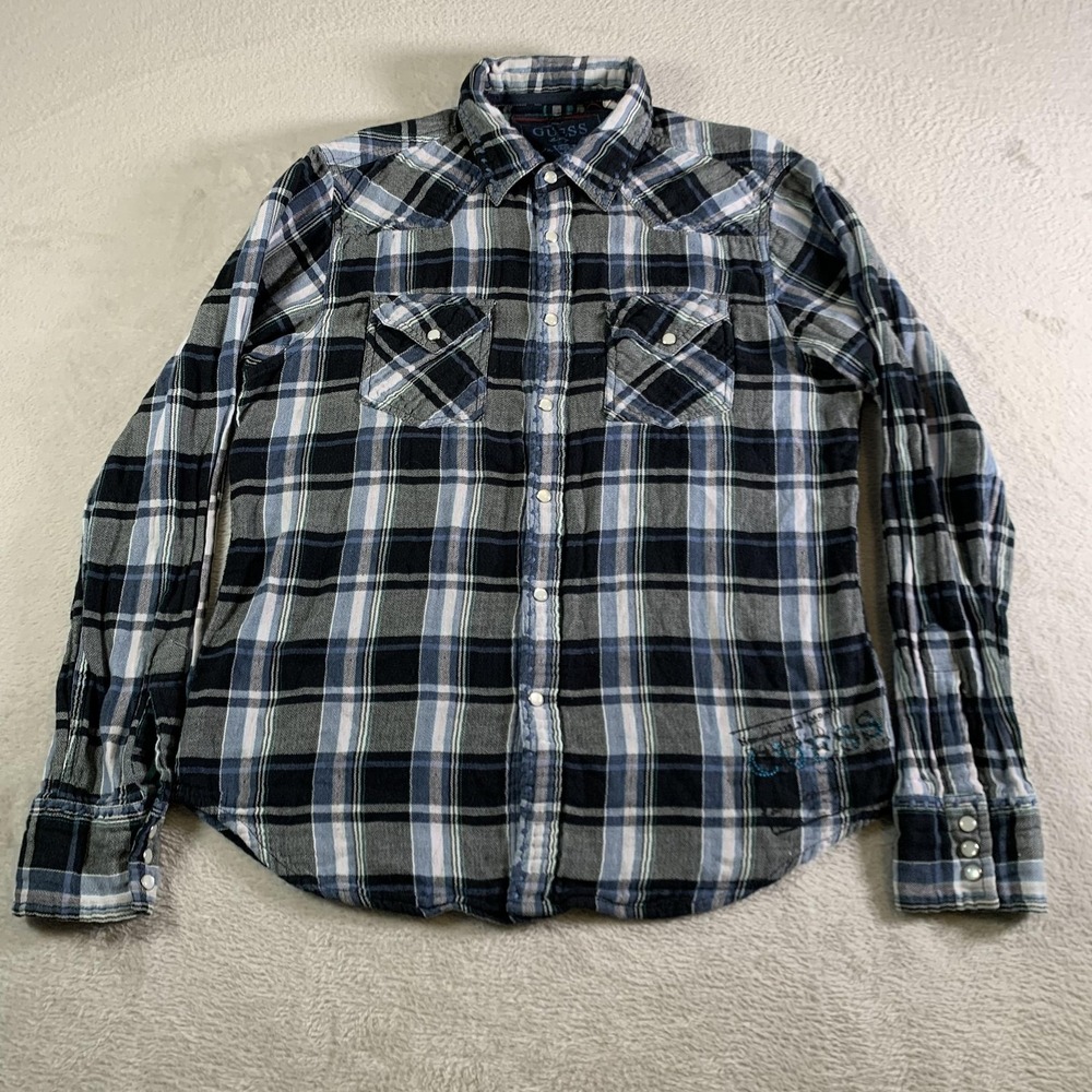 Guess Shirt Mens Medium Blue Plaid Western Pearl Snap Front Long‎ Sleeve Flannel
